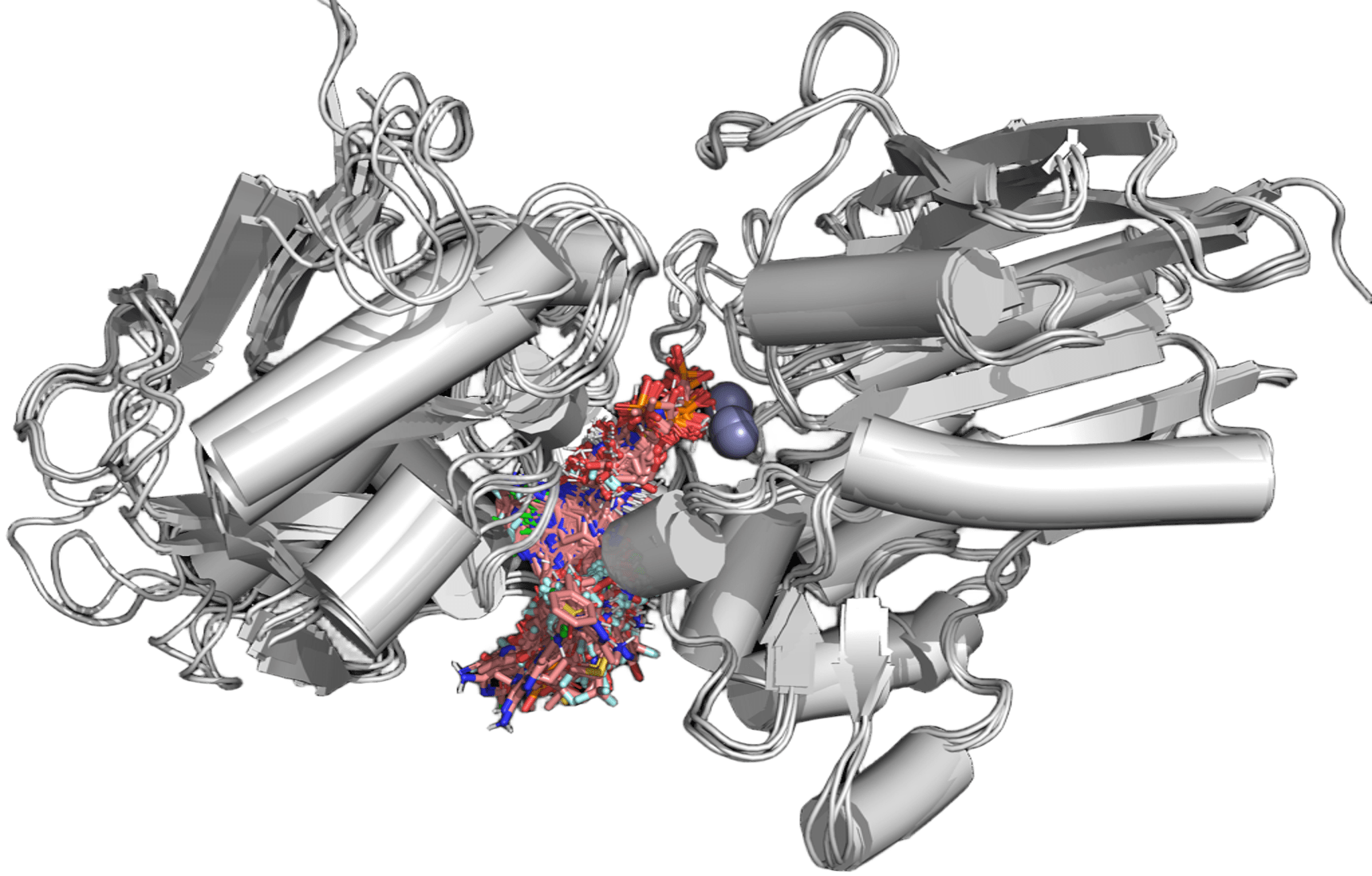 CD73 protein with overlaid docked hit compounds — Deep Origin internal program