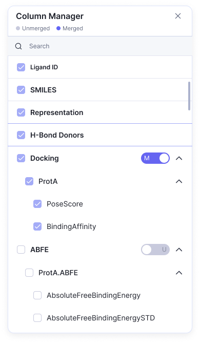 Column Manager panel for configuring data tracker columns